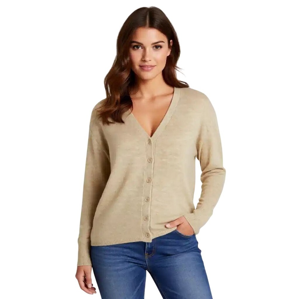 Gap Womens V-Neck Cardigan Sweater Beige White Cap Size L NWT